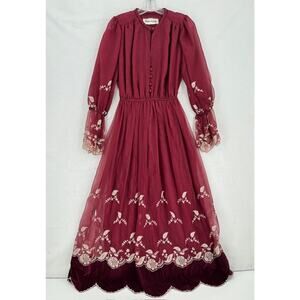 Victor Costa Vintage Burgundy Chiffon Embroidered Long Victorian Dress Sz 8